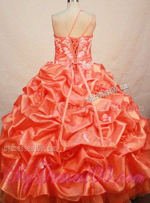 Orange One Shoulder Quinceanera Dress with Pick-ups and Flowers